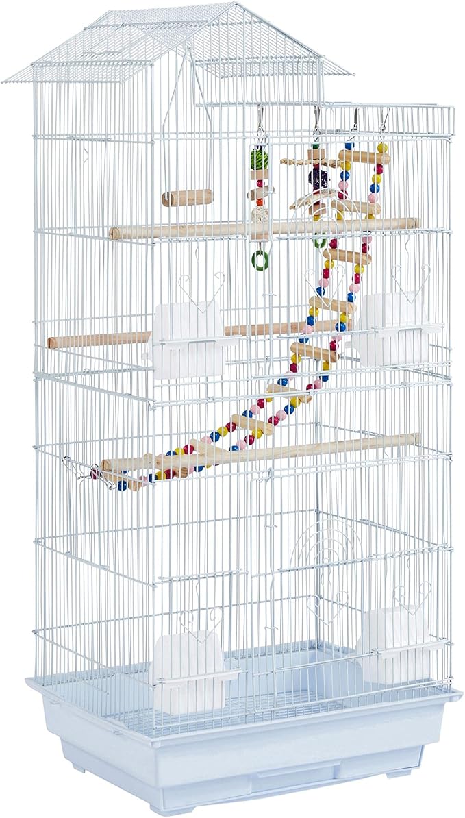Topeakmart 39inch Height Roof Top Bird Cage Medium Metal Parakeet Cage with Swing & Ladder, White