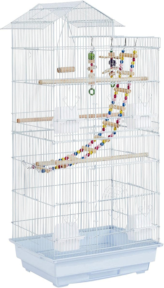 Topeakmart 39inch Height Roof Top Bird Cage Medium Metal Parakeet Cage with Swing & Ladder, White