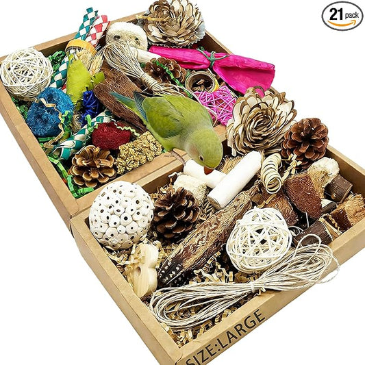 Bird Foraging Toys Parrot Chew Shredding Toys Bird Foraging Box for Parakeets Cockatiels Conures Lovebirds and Small to Medium Birds(Natural+Colorful)