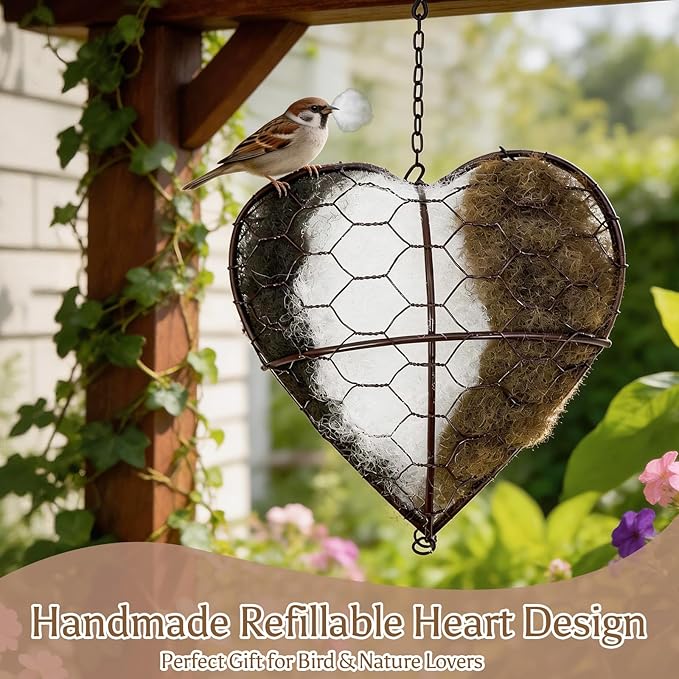 Heart Shaped Bird Nesting Material Holder - Refillable Wild Bird Nesting Supply Station with Natural Fibers, Outdoor Garden Hanging Bird House Accessory for Hummingbirds & Wild Birds