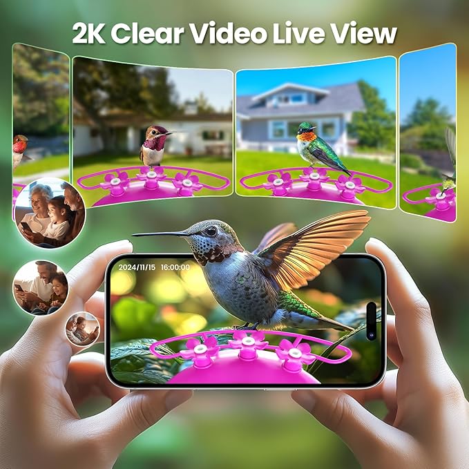 Soliom Hummingbird Feeder with Camera, Smart Feeder Camera with 2K Live View AI Identify, Leak Proof&Ant Moat&Bee Proof, Outdoor Pole/Hook Hanging, Ideal Gift for Family, 16 OZ Pink