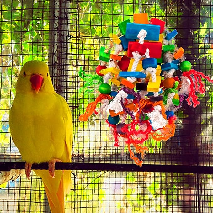 Large Parrot Toy - Multicolored Natural Wood Blocks Tearing Toys for Birds Suggested for African Grey, Macaw and Amazon Parrots