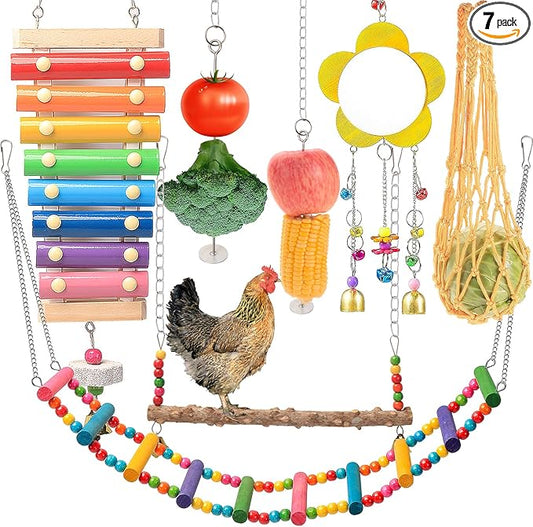 Chicken Toys for Coop 7PCS, KAKUNM Chicken Xylophone, Swing Set, Mirror Toy, Flexible Ladder, Vegetable String Bag and Hanging Feeder