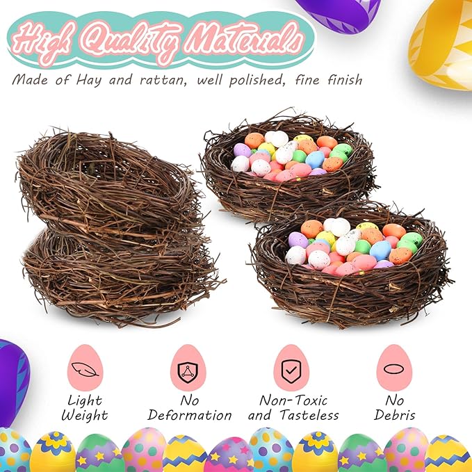 Gerrii 6 Pcs Artificial Bird Nests for Crafts Mini Faux Rattan Bird Nest Decoration for Easter Home Decor Fairy Garden Accessories Terrarium DIY Craft Supplies Wedding Table Centerpieces (8 Inch)