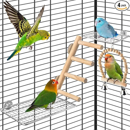 DBNESS 4Pcs Bird Perches Toys, Stainless Steel Perch Platform (2 Sizes), Natural Wood Parrot Climbing Ladder & Swing with Bell, Play Gym Cage Accessories for Budgie Cockatiel Lovebird Canary Conure