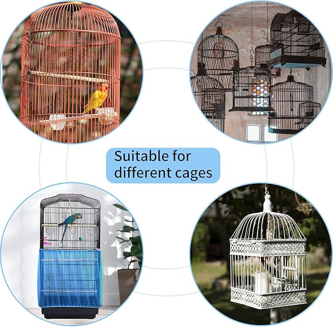 Daoeny Universal Bird Cage Cover, Adjustable Seed Feather Catcher, Soft Airy Nylon Mesh Parrot Net, Birdcage Cover Skirt Sheer Guard for Round Square Cages (Blue)