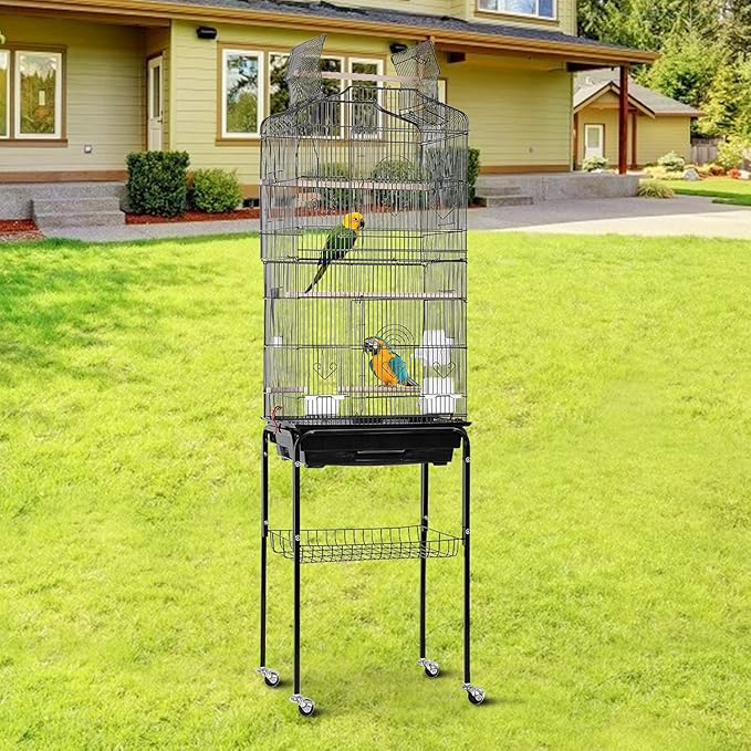 64 Inch Open Top Bird Cage Stand Medium Small Parrot Parakeet Cage with Rolling Stand,Wrought Iron Bird Cage for Cockatiels Lovebirds Parrotlet Flight Conure Pigeon,Black