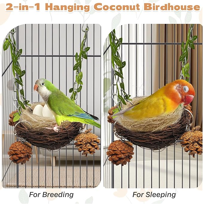PINVNBY Natural Rattan Bird Nest for Cage Hanging Bird Bed Sugar Glider Swing Toys with Coconut Fiber Mat for Parakeet Cockatiel Lovebird Conure Sugar Glider Canary