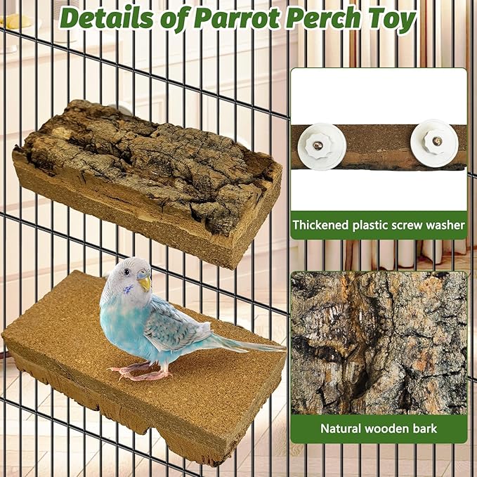 kathson 2Pcs Natural Cork Bird Perch Stand Platform Small Birds Thicken Wooden Rectangle Stand Perch Parakeet Chewing Toy Cage Accessories for Lovebirds Cockatiels Conures(Double Screw, 1.9 in Thick)