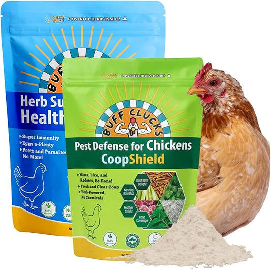 Buff Clucks Coop-Care Bundle – Herb Treat Mix 8 oz & CoopShield Natural + DE Powder | Aromatic Forage Herbs for Chickens for Nesting Boxes & Runs