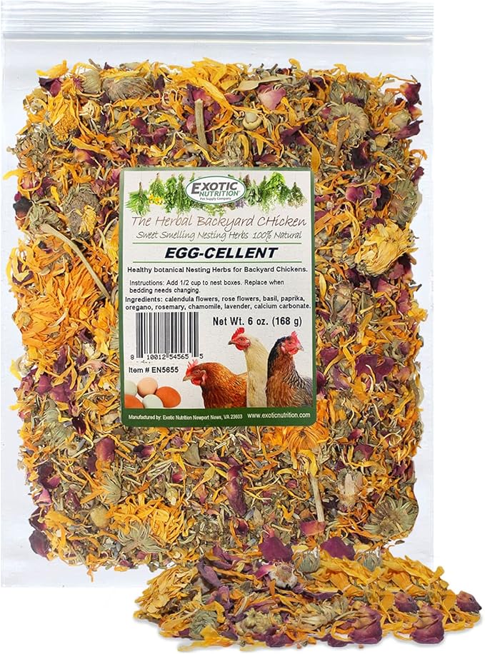 Exotic Nutrition Egg-Cellent (6oz) - Healthy All-Natural Chicken Nesting Herbs - Natural Flowers, Herbs & Calcium Carbonate - Promotes Healthy Chickens & Eggs (6 oz)