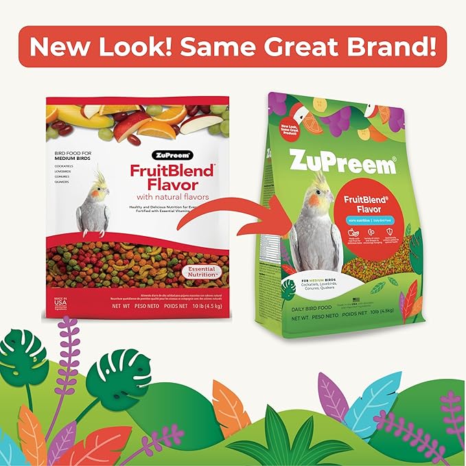 ZuPreem FruitBlend Bird Pellets, Daily Bird Food for Cockatiel, Lovebird, Quaker, Small Conure, Lorikeet, Core Nutrition for Medium Birds, Cockatiel Pellets, Conure Bird Food (M, 10 lbs)