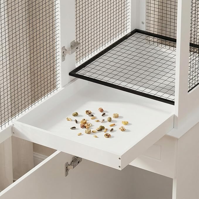 Modern White Tall Bird Cage with Storage Cabinet & Drawer, Elegant Flight Parrot Cage with Slide-Out Tray, Stylish Safe Bird Cages House for Parakeets, Cockatiels, Finches