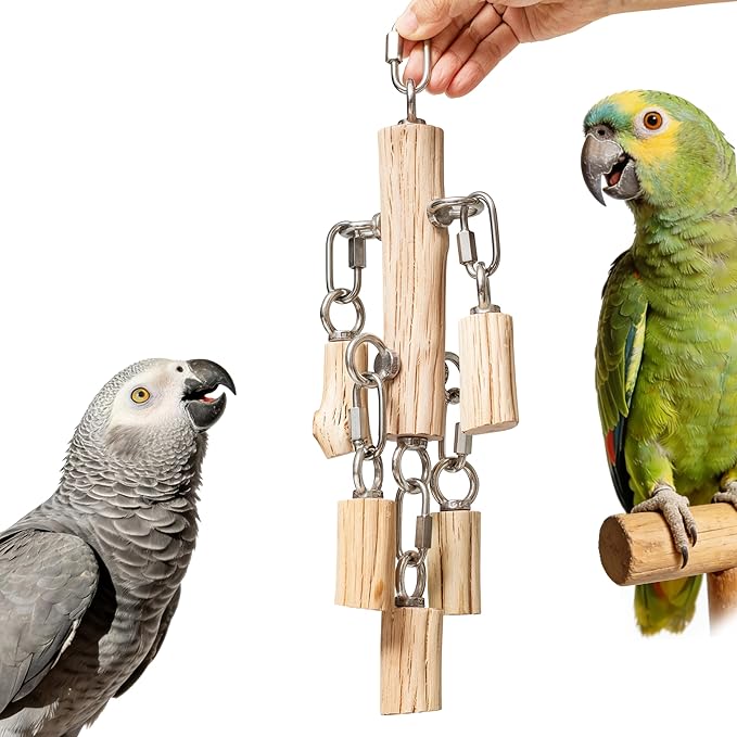 Natural Hardwood Parrot Chew Toy for Large Birds, Heavy Duty Wooden Bird Toy with Stainless Steel Hardware, Cage Hanging Enrichment Toy for Macaws, Cockatoos, African Greys