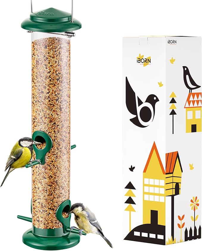 iBorn Metal Bird Feeders Hanging Wild Bird Seed Feeder for Mix Seed Blends, Niger Seed Feeder, Sunflower Heart, Birdbath, Heavy Duty All Metal Green Finishing 15 Inch 4Port