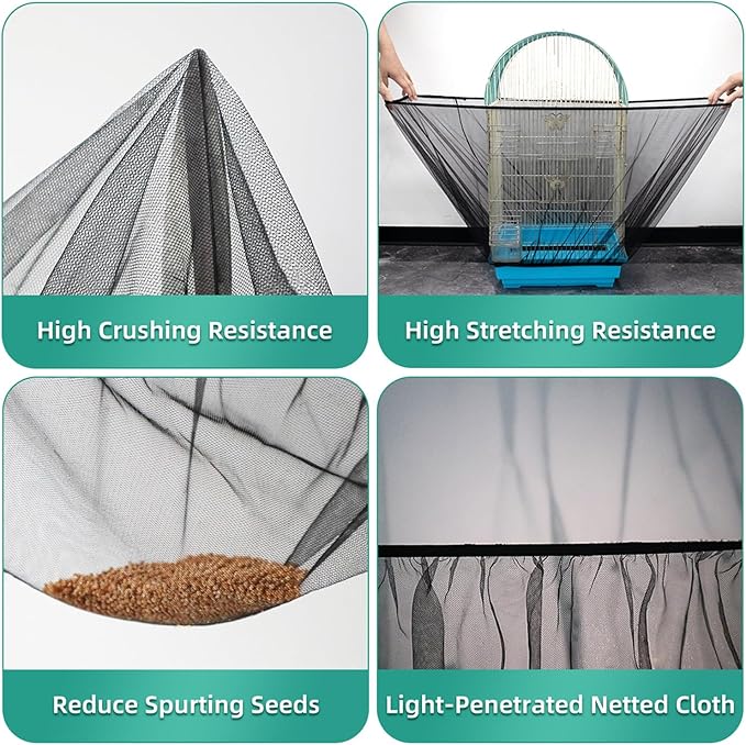 Bird Cage Seed Catcher, Seed Catcher Guard Net Cover, Parrot Nylon Mesh Net Cover, Universal Soft Airy Cage Net Stretchy Skirt for Round Square Cages (Solid-Black, 15.7" x87")