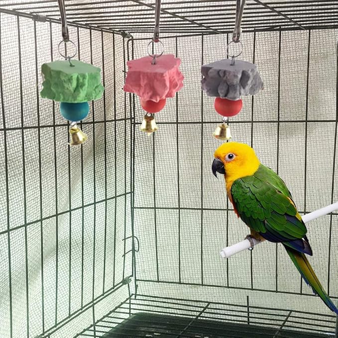6PCS Bird Grinding Beak Calcium Stone with Bell Rat Mineral Lava Block Trimming Teeth Chewing Toys for Chinchilla Bunny Budgie Cockatiel Parakeet Parrot(Random Delivery of Color)