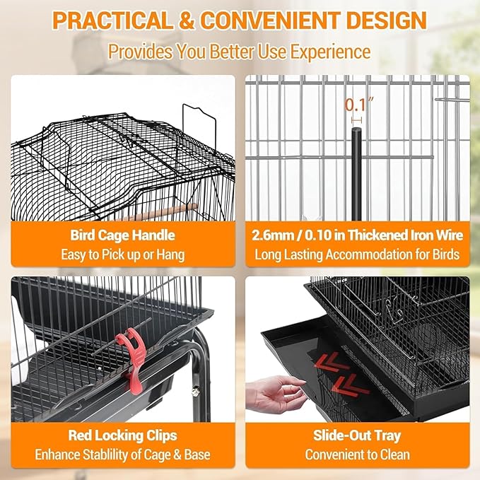 64 in Bird Cage, Parrot Cage, Parakeet Cage - Large Hanging Birdcage with Solid Iron Wrought Construction, Rolling Storage & Bird Stand, Flight Nest for Cockatiel, Budgie, Canary & Small Parrots