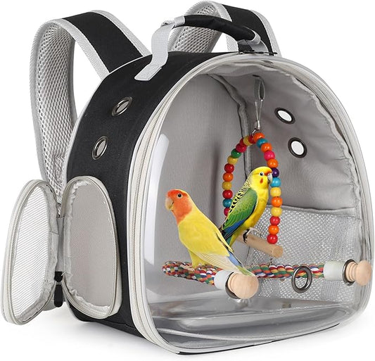 Portable Parrot Travel Cage Carrier with Small Swing Toy&Cage Colorful Toys Set Small Bird Parakeet Bag with Standing Perch Bird Carry Transport Bag (Black, Backpack/Swing)