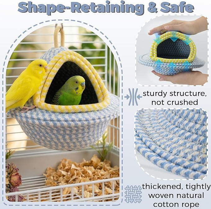 Natural Hand-Woven Cotton Bird Nest for Cage, Dual-Mount Sturdy Cozy Parrot Nest Bed & Breeding House, Hanging Bird Hut for Budgie, Lovebird, Small Bird Sleeping Bed Hideout & Shelter with Hooks