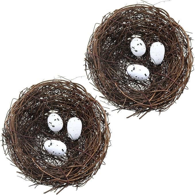 2PCS 4.7 Inch Brown Dry Rattan Handmade Artificial Bird Nest Decoration with Faux Bird Egg Crafts Bird Nest for Crafts Patio Garden Plant Planter