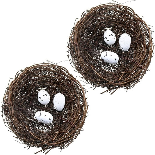 2PCS 4.7 Inch Brown Dry Rattan Handmade Artificial Bird Nest Decoration with Faux Bird Egg Crafts Bird Nest for Crafts Patio Garden Plant Planter
