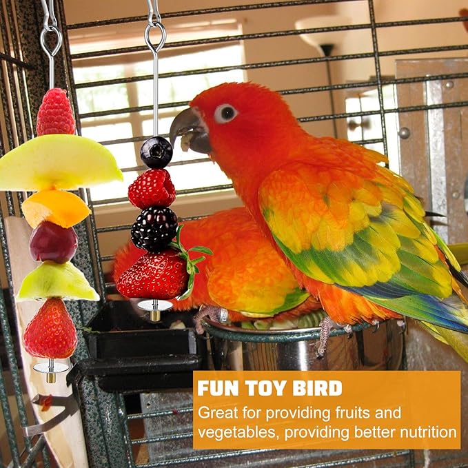 Nogeqi 4PCS Bird Cage Food Holder with Hook, Stainless Steel Bird Feeder for Cage, Parrot Fruit Skewers, Birds Foraging Toys for Macaw Parakeet Parrot Budgie (2 Sizes)