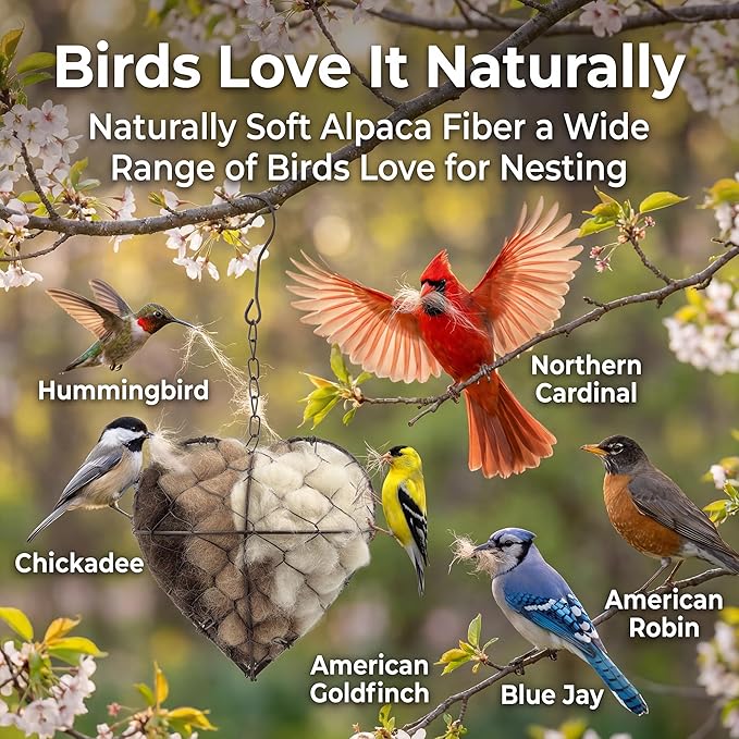 Tiezzi Handmade Alpaca Fiber Bird Nesting Heart, Refillable Bird Nesting Material Holder for Wild Birds & Hummingbirds, Outdoor Garden Decor Gift for Bird Lovers
