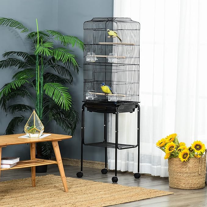 PawHut 60" Metal Indoor Bird Cage Starter Kit with Detachable Rolling Stand, Storage Basket, and Accessories, Black
