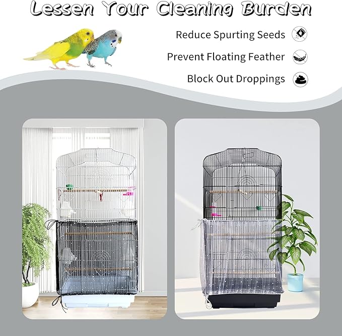 Daoeny 2Pcs Adjustable Bird Cage Cover, Upgraded Airy Nylon Mesh Parrot Net with Sequins, Universal Seed Feather Catcher, Soft Birdcage Cover Skirt Sheer Guard for Parakeet Macaw Round Square Cages