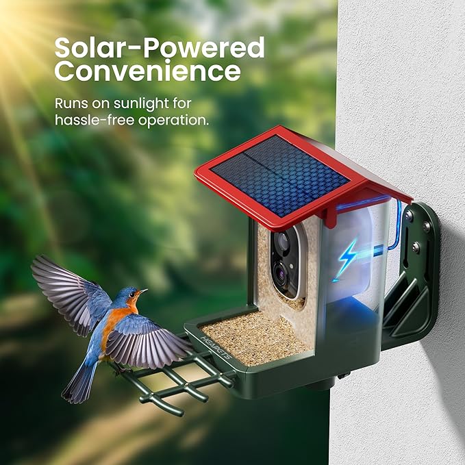 Smart Bird Feeder with Camera Solar Powered, 2K HD Video, AI Bird Species Identification, Instant Arrival Alerts, Weatherproof Design for Effortless Birdwatching, Best Gift for BirdLovers, Red