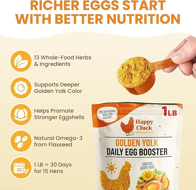 Golden Yolk Daily Egg Booster for Chickens - 1 LB Whole-Food Chicken Vitamins and Supplements - 13 Herbs with Marigold Lutein, Omega-3 Flaxseed and Calcium - Laying Hens, 30-Day Supply