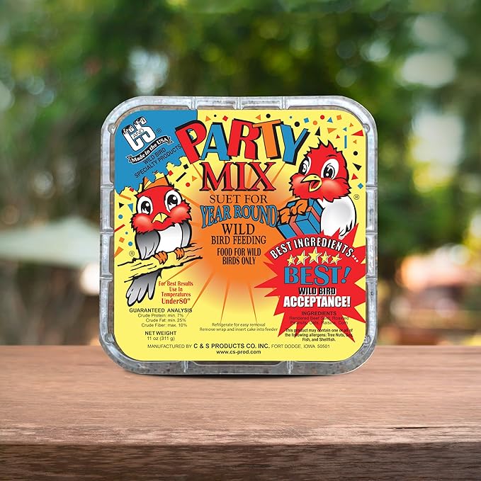 C&S Party Mix Suet Treat, Suet Cakes for Wild Birds Including Robins, Blue Jays, Woodpeckers, Wrens, Bluebirds and More, 11 Ounces, Pack of 8