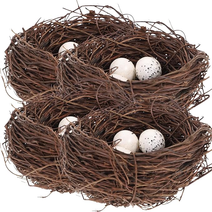 PRETYZOOM Artificial Bird Nest Decor Set with 4 Rattan Nests & 12 Speckled Eggs, 3.93 x 3.93 x 1.96 in, Realistic Nature-Themed Easter Party Favors, DIY Crafts & Home Office Decoration