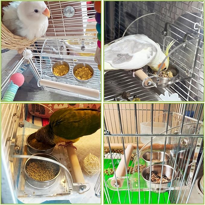 BNOSDM Bird Feeder for Cage with Double Stainless Steel Food & Water Bowls Anti-Slip Wood Perch Stand with No Mess Acrylic Seed Catcher for Parrot, Budgie, Parakeet, Lovebird, Canary, Finch (Hook)