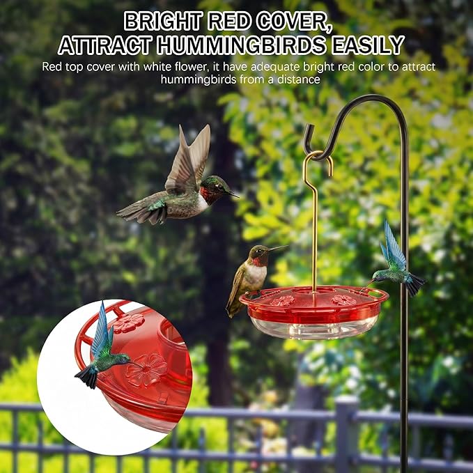 eWonLife Clear Ruby Hummingbird Feeders for Outdoors, 2 Pack 16OZ Leak Proof Saucer Humming Bird Feeder with Integrated Ant Moat, Bee Proof 5 Feeding Ports, Brush, Hanging Garden Decor for Mom