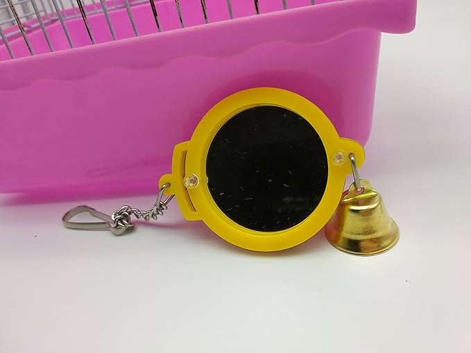 Pet Bird Mirror with Bell Interactive Treat Puzzle Parrot Toy Bird Cage Mirror Small Bird Swing Chew Toys Fun Cage Accessories (Color Random) (Round Shape)