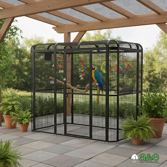 A&E Cage Co WI8662 Black Walk-in Bird Aviary – 86" x 62" x 79" Large Parrot Cage with Front Door – Includes 3 Feeder Doors, Stainless Steel Bowls & Durable Powder Coated Finish