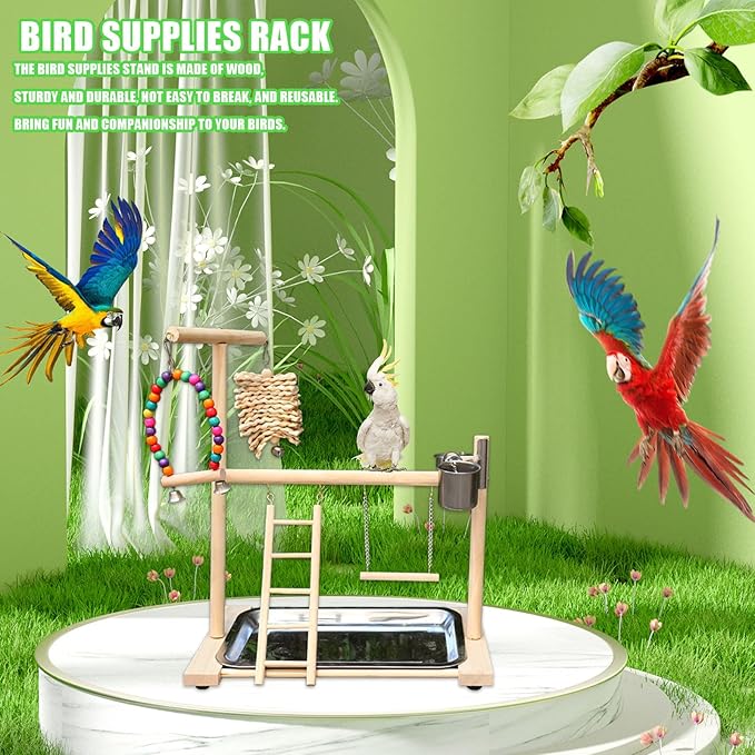 Bird Stand, Natural Wood, Parrot Playground with Removable Tray & 2 Stainless Steel Feeder Cups, Suitable for Parakeet, Conure, Cockatiel, Lovebird, Canary, Lorikeet & African Grey