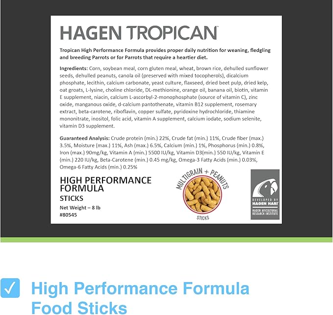 Hari Tropican Bird Food, Hagen Parrot Food Sticks with Peanuts & Sunflower Seeds, High Performance Formula, 8 lb Bag