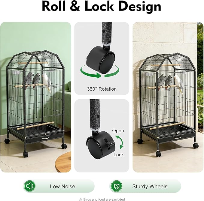 Large Bird Cage with Open-Top Skylight, Rolling Stand and 5 Doors, Movable Parrot Cages Pet Bird Flight Cage, Wrought Iron Flight Cages for Parakeet Cockatiel Lovebird Finche (Black)