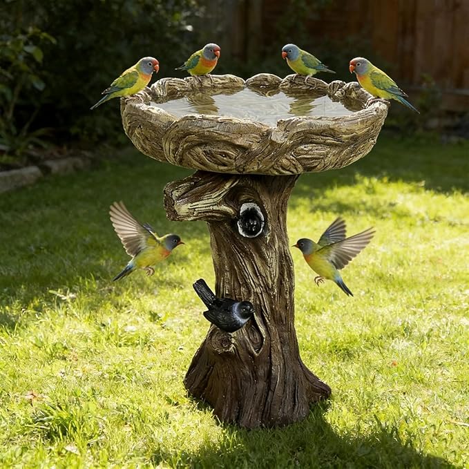 SKYFIRE Bird Baths for Outdoor - 23" Tall Pedestal Birdbath with Bird, Fibre Reinforced Concrete with Woodland Tree Trunk Décor, Modern and Durable,Bird Bath for Outside, Garden, Patio, Lawn, Backyard