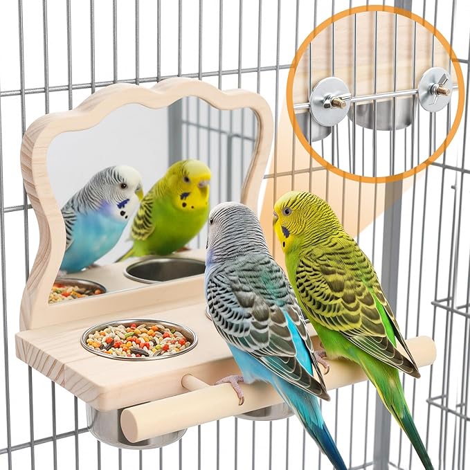 Bird Perch Platform Toy with Mirror, Standing Rack & Stainless Steel Bowl - Wooden Play & Exercise Gym Stand, Cage Accessory for Cockatoos, Lovebirds, Budgies, Pacific Parrotlets & Canaries