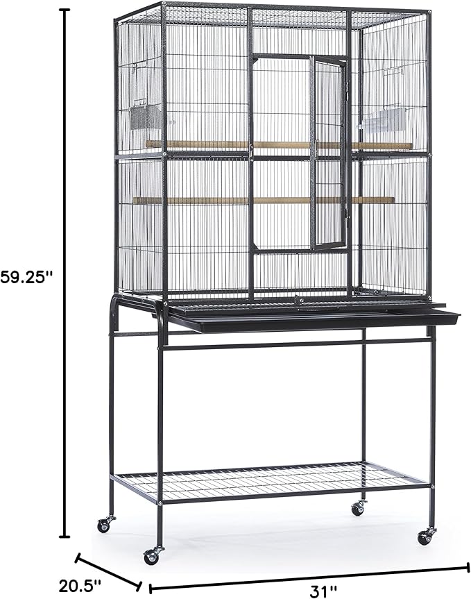 Prevue Pet Products Flight Cage with Stand - Large Metal Bird Cage with Removable Tray, Wood Perches, Double Feeders & Storage Shelf on Rolling Casters, Ideal for Small to Medium Birds - Black