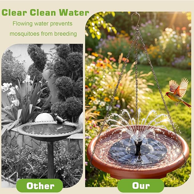 AISITIN 15" Hanging Bird Bath with Solar Fountain, Outdoor Hanging Bird Bath Bowl with 3-Tier Steps, Solar Powered Water Fountain for Bird Bath, Feeder, Drinking, Garden Patio Lawn Backyard