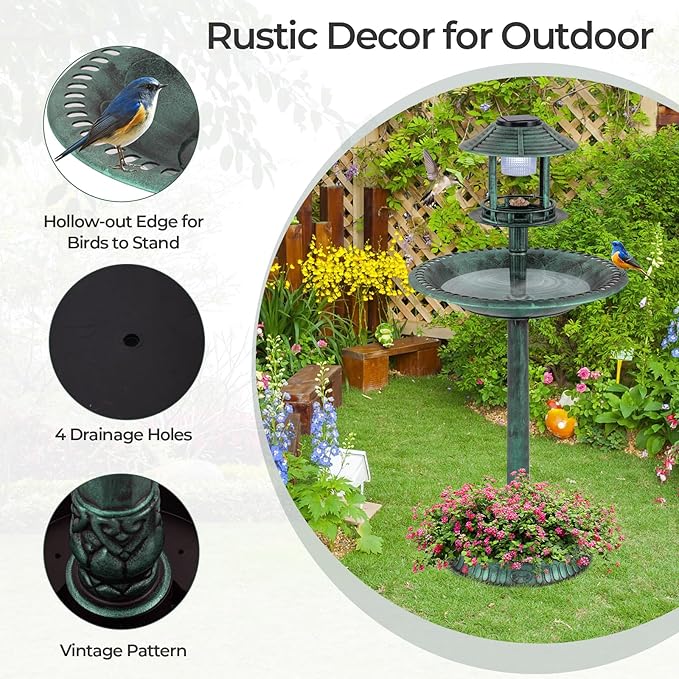 Giantex 42 inch Bird Bath Solar Lighted, Pedestal Bird Bath with Bird Feeder, Flower Planter Base, Solar Powered Lamp, 3 Ground Stakes, Standing Birdbath for Outside Garden Yard Outdoor (Green)