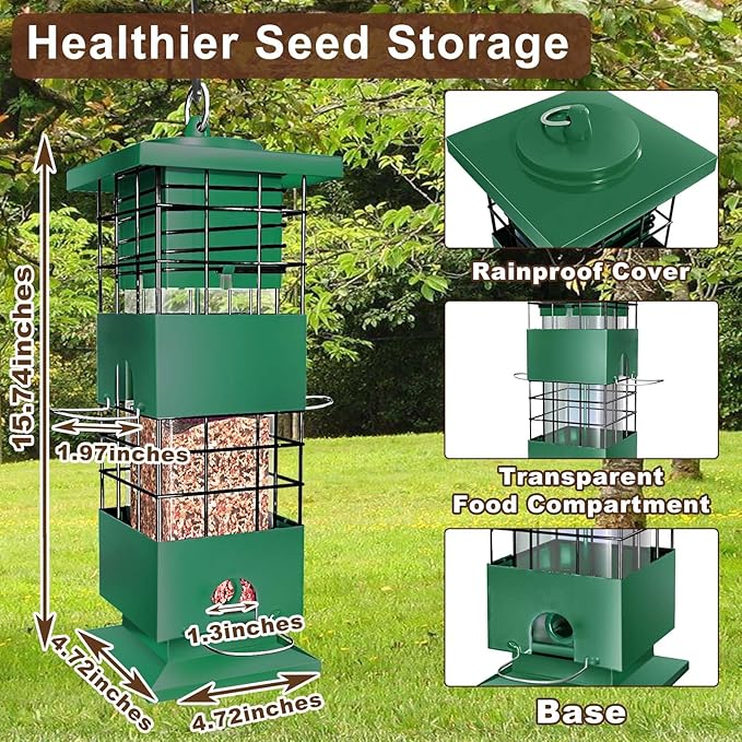Squirrel Proof Bird Feeder, 3Lb Capacity Metal Bird Feeders for Outdoors Hanging, All-Weather Weight Activated Tube Birdfeeder with 4 Ports for Outside, Cardinal Finch Bluebird (Green)