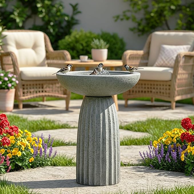 SKYFIRE 24.4" Pedestal Bird Bath for Outdoor, Geometric Fluted Concrete Birdbath with Tree Trunk Decor, Durable Fibre Reinforced Birdbath for Garden, Patio, Lawn & Backyard