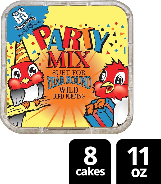 C&S Party Mix Suet Treat, Suet Cakes for Wild Birds Including Robins, Blue Jays, Woodpeckers, Wrens, Bluebirds and More, 11 Ounces, Pack of 8