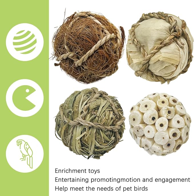 BNOSDM 8PCS Natural Bird Chew Toys Lightweight Conure Foot Toy Sola Balls Shred Toy Interactive Parrot Foraging Toys Bird Chew Balls with Hemp Rope Hook for Budgies Cockatiels Parakeets Senegal